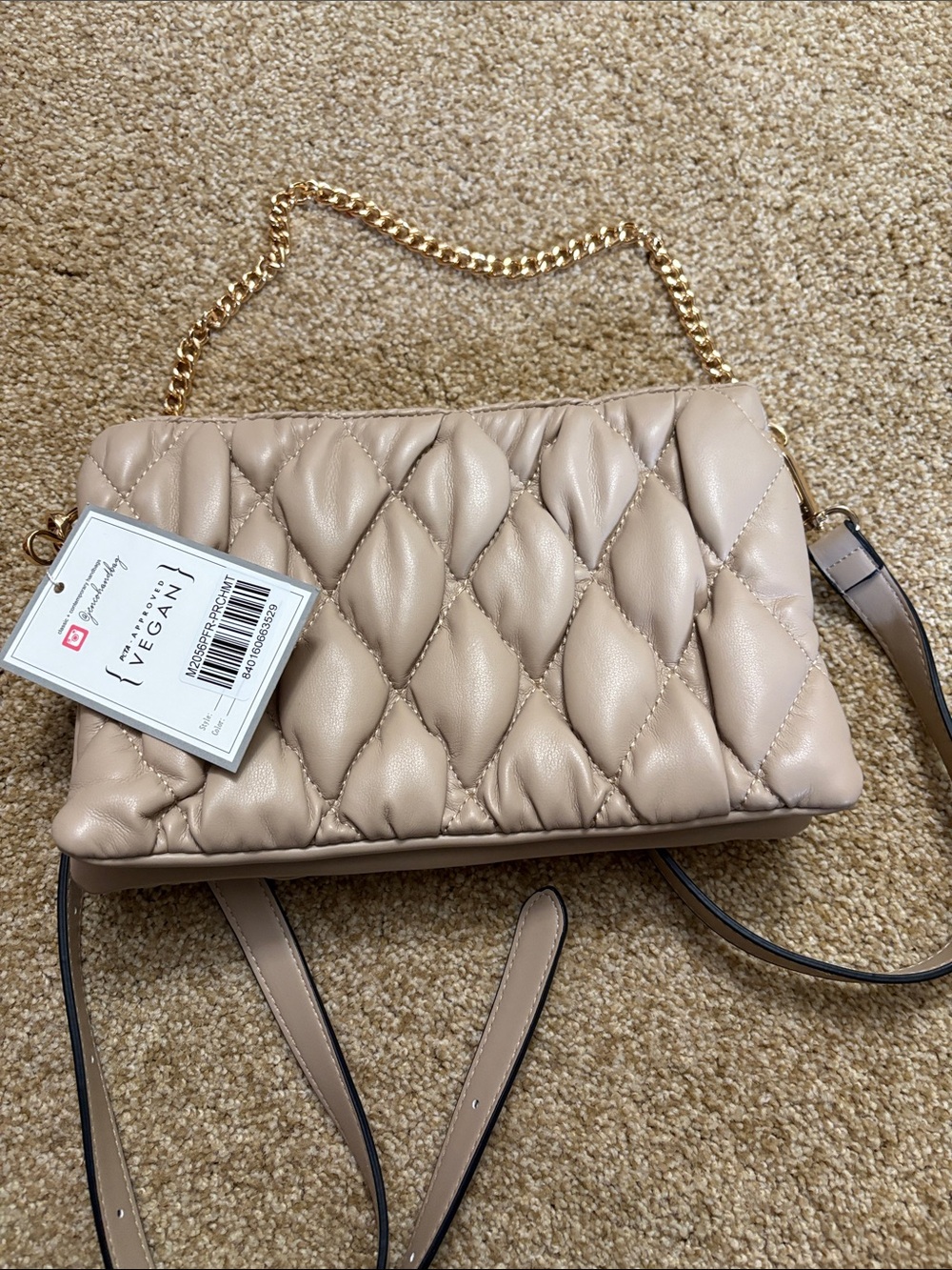 Quilted Vegan Crossbody Bag in Taupe with Gold Chain